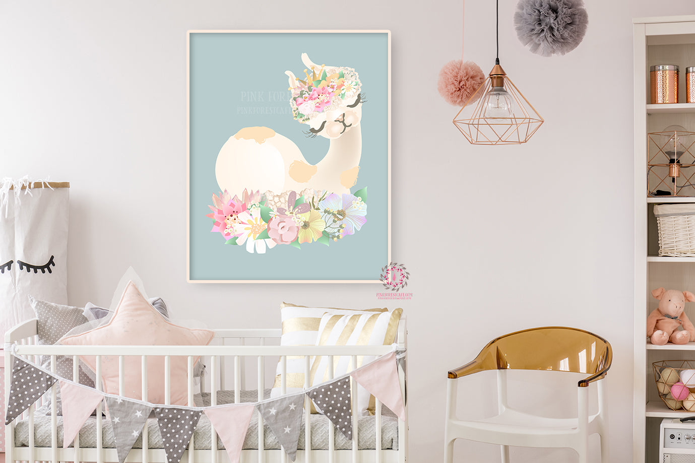 Ethereal Llama Baby Girl Nursery Wall Art Print Boho Alpaca Floral Kids Bedroom Room Limited Edition Printable Decor