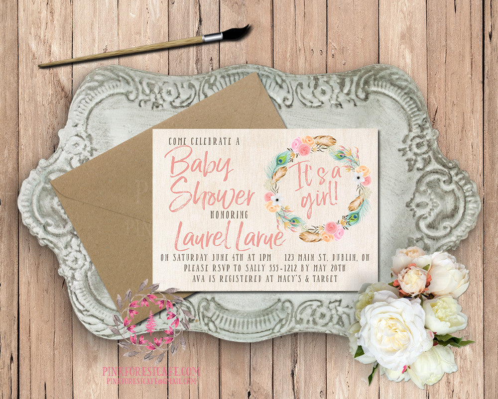 Woodland Watercolor Tribal Floral Feathers Theme Baby Bridal Shower Birthday Party Printable Invitation Invite