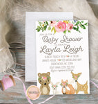 Woodland Deer Bear Bunny Fox Invite Invitation Baby Shower Boho Floral Watercolor Birth Announcement Printable