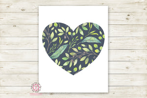 Boho Woodland Heart Leaf Silhouette Floral Watercolor Nursery Wall Art Print Printable Home Decor