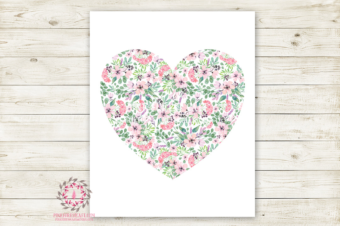 Boho Woodland Heart Pink Silhouette Floral Watercolor Nursery Wall Art Print Printable Home Decor