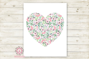 Boho Woodland Heart Pink Silhouette Floral Watercolor Nursery Wall Art Print Printable Home Decor