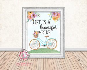Life Is A Beautiful Ride Bicycle Bike Basket Floral Boho Printable Print Wall Art Home Decor