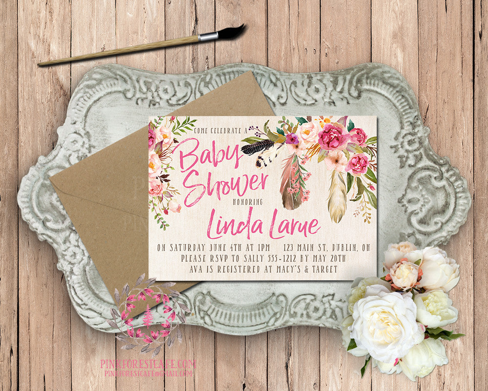 Woodland Watercolor Tribal Floral Feathers Theme Baby Bridal Shower Birthday Party Printable Invitation Invite
