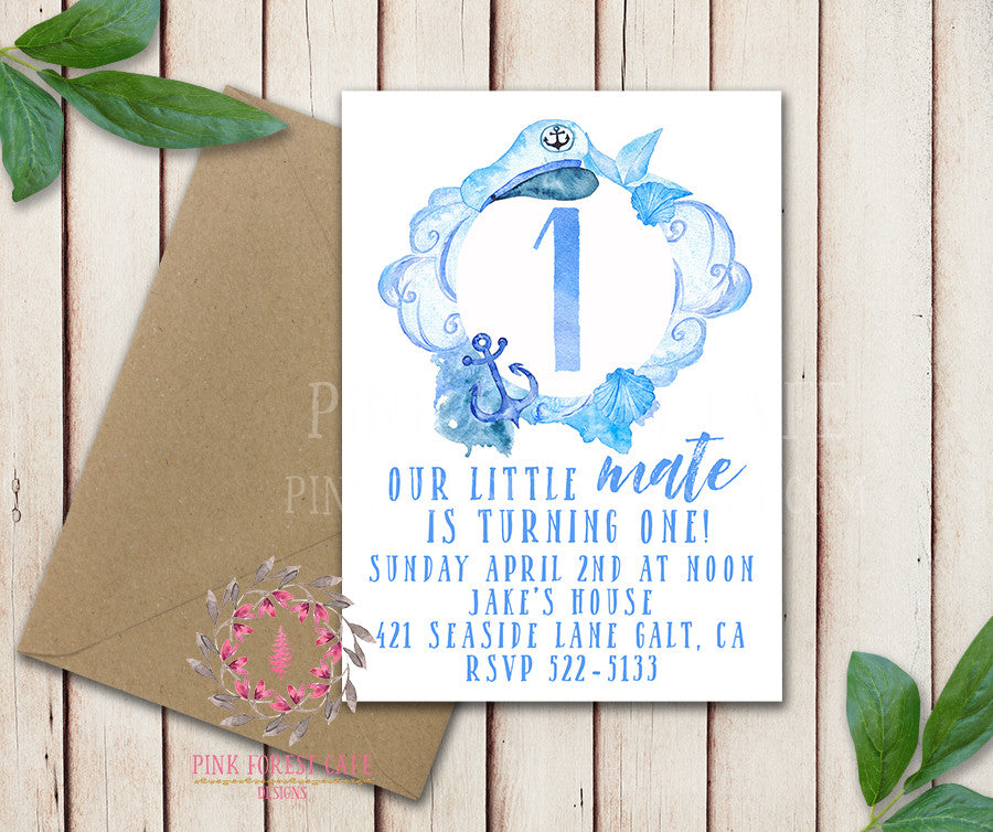 Baby Boy Little Captain Mate Nautical 1st 2nd 3rd 4th 5th Boho Summer Swim Birthday Party Invitation Announcement Invite Watercolor Printable Art Stationery Card