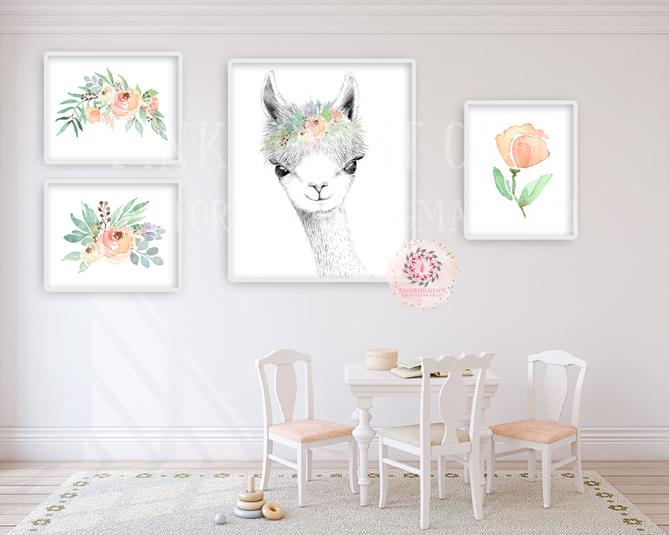 4 Llama Alpaca Wall Art Print Boho Woodland Blush Bohemian Floral Nursery Baby Girl Room Printable Decor