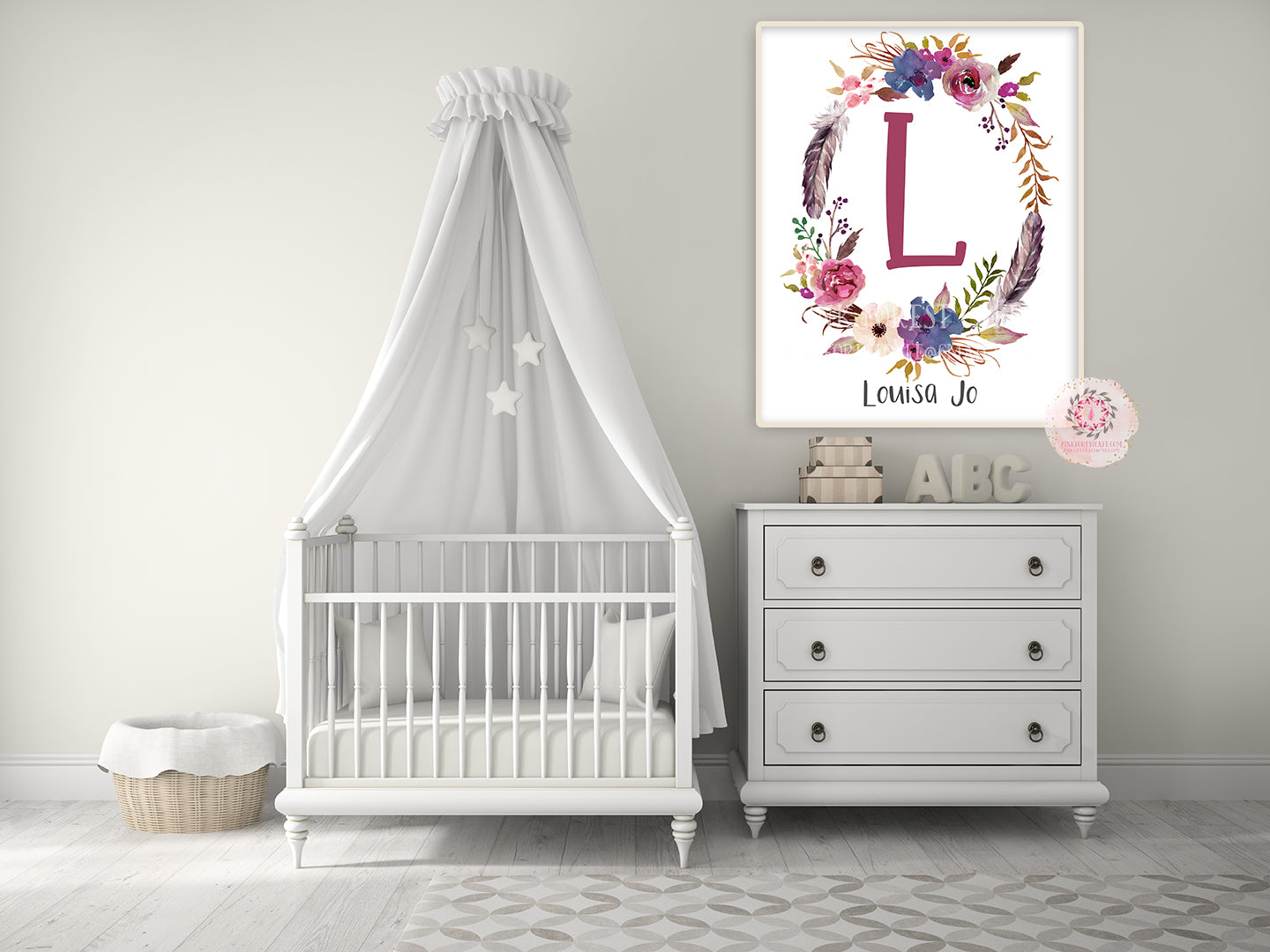 Boho Baby Name Monogram Initial Personalized Wall Art Print Tribal Feather Gift Watercolor Floral Baby Nursery Printable Decor