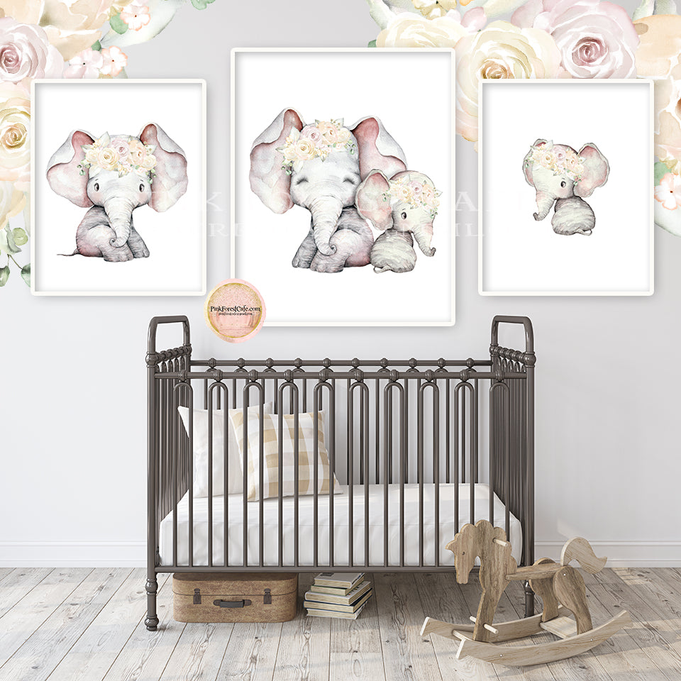 Boho Blush Elephant Wall Art Print Nursery Baby Girl Room Floral Bohemian Watercolor Printable Decor