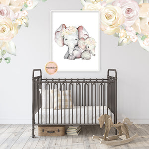 Boho Blush Elephant Wall Art Print Nursery Baby Girl Room Floral Bohemian Watercolor Printable Decor