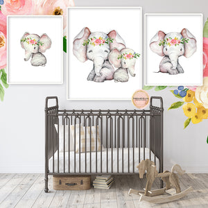 3 Boho Elephant Wall Art Print Nursery Baby Girl Room Floral Bohemian Watercolor Printable Decor
