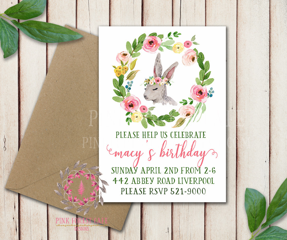 Bunny Rabbit Woodland Easter Baby Girl Boho Garden Floral Birthday Party Baby Bridal Shower Invitation Announcement Invite Watercolor Printable Art Stationery Card