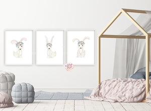 3 Boho Bunny Rabbit Woodland Bunnies Wall Art Print Watercolor Feathers Baby Girl Neutral Nursery Printable Decor