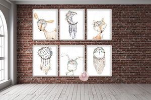 6 Deer Fox Bunny Dreamcatcher Wall Art Print Boho Bohemian Girl Nursery Baby Room Set Prints Printable Home Decor