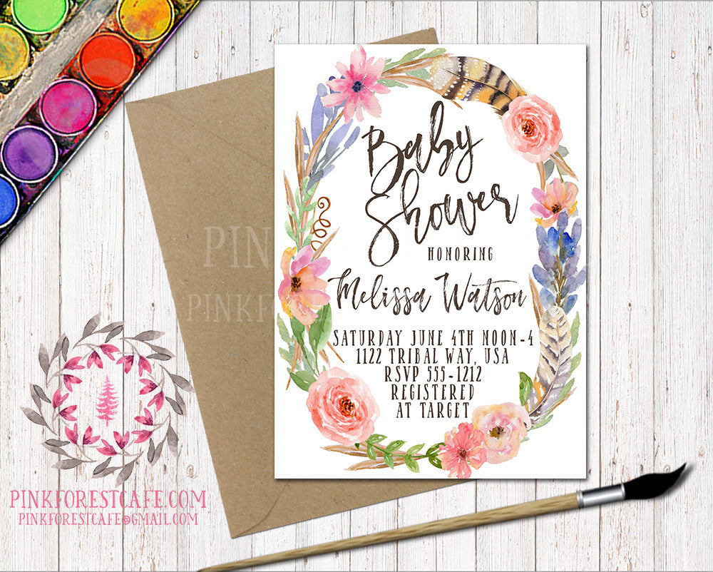 Boho Feathers Baby Bridal Shower Birthday Party Wedding Printable Invitation Invite Announcement