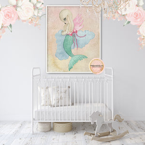 Boho Bunny Mermaid Fairy Wall Art Print Baby Girl Ethereal Nursery Room Watercolor Woodland Printable Decor