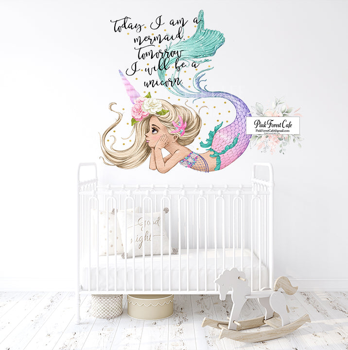 Boho Mermaid Unicorn Watercolor Floral Wall Decal Sticker Baby Girl Nursery Décor