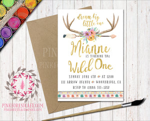 Boho Antlers Arrow Floral Watercolor Woodland Invitation Baby Bridal Shower Wild One 1st Birthday Party Printable Invite
