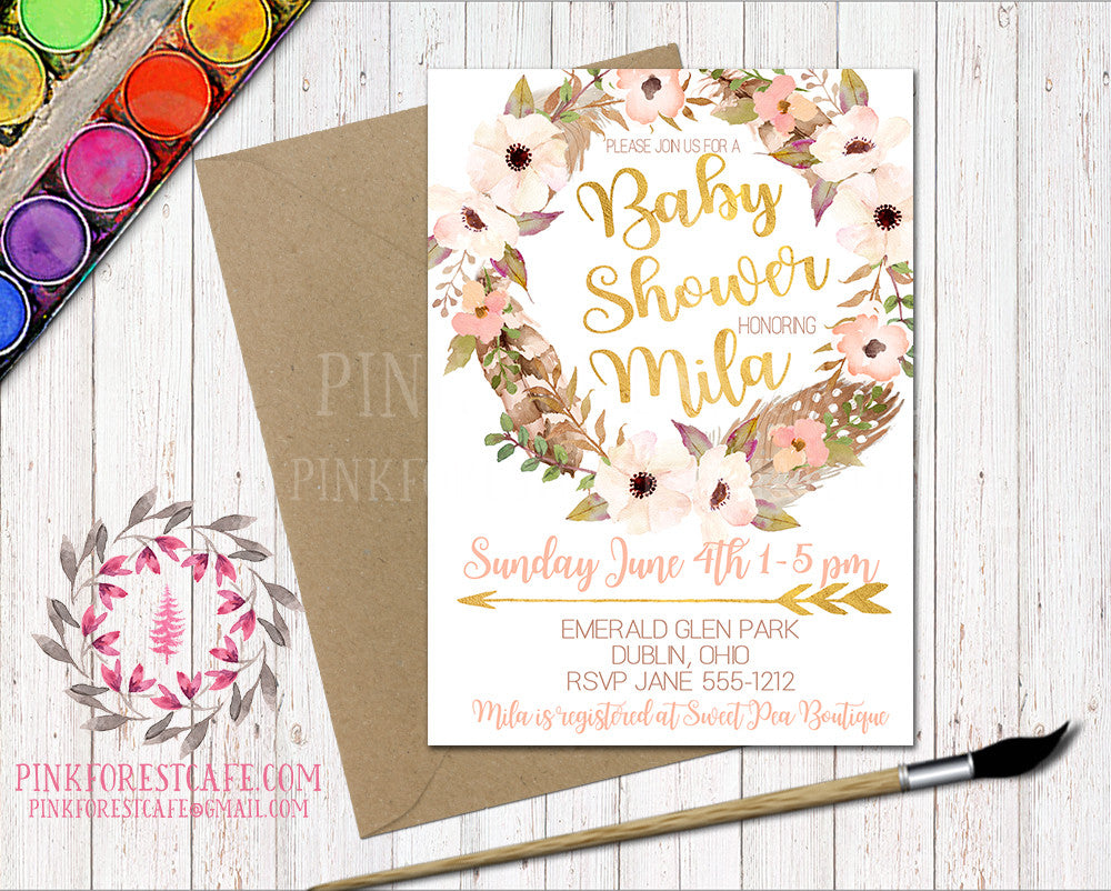 Boho Baby Bridal Shower Birthday Party Invitation Invite Feathers Woodland Watercolor Floral Printable