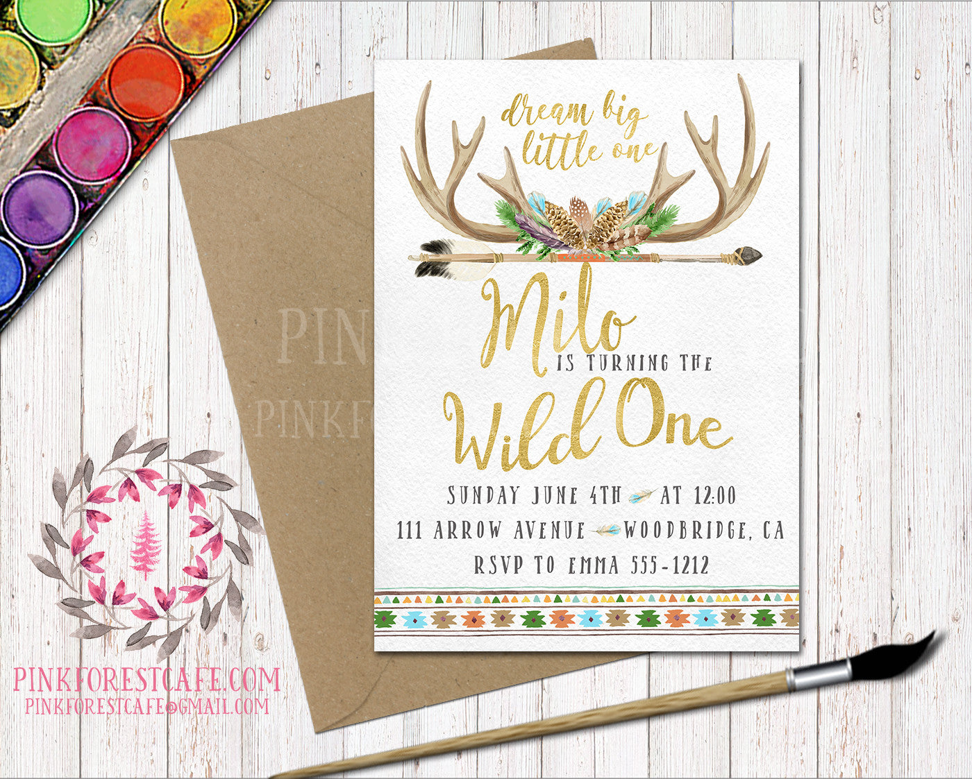 Boho Deer Antler Watercolor Woodland Invitation Baby Bridal Shower Wild One 1st Birthday Party Printable Invite