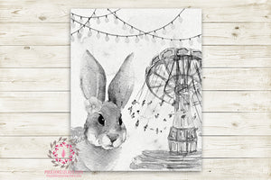 Boho Bunny Monochrome Nursery Wall Art Print Baby Girl Ethereal Black White Woodland Rustic Swing  "Miss Pennywise" Printable Watercolor Mystery Fantasy Magical Amusement Park Carnival Decor