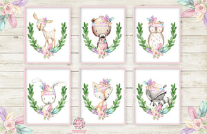 6 Deer Fox Bunny Wall Art Print Nursery Feather Rabbit Bear Owl Raccoon Pink Purple Mint Tribal Printable Woodland Boho Bohemian Floral Baby Girl Room Set Lot Prints Home Decor