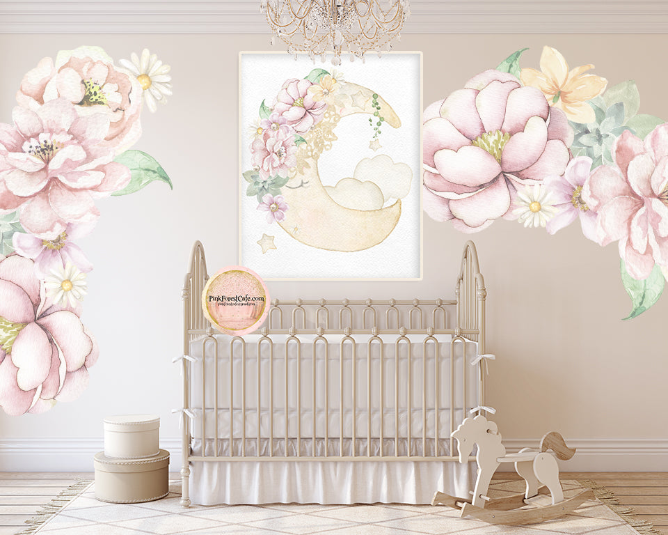 Boho Moon Stars Lace Wall Art Print Baby Girl Blush Ethereal Nursery Room Watercolor Printable Decor