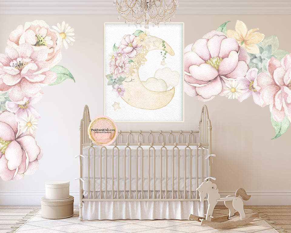 Boho Moon Stars Lace Wall Art Print Baby Girl Blush Ethereal Nursery R ...