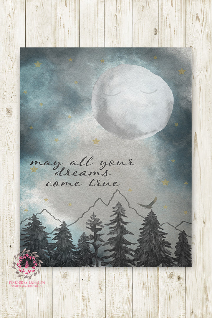 Woodland Moon Monochrome Nursery Wall Art Print Baby Boy "May All Your Dreams Come True" Forest Trees Mountains Ethereal Watercolor Printable Decor
