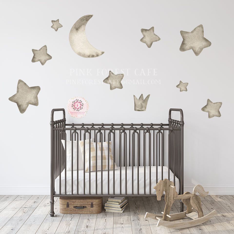 10 Moon Stars Crown Fabric Wall Decal Sticker Art Monochrome BabyNursery Decals Decor