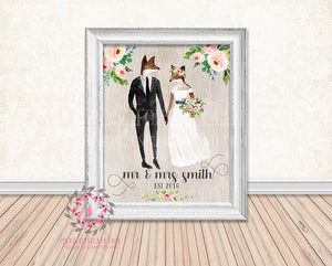 Fox Personalized Bride Groom Wedding Shower Gift Watercolor Woodland Boho Home Decor Printable Wall Art Print
