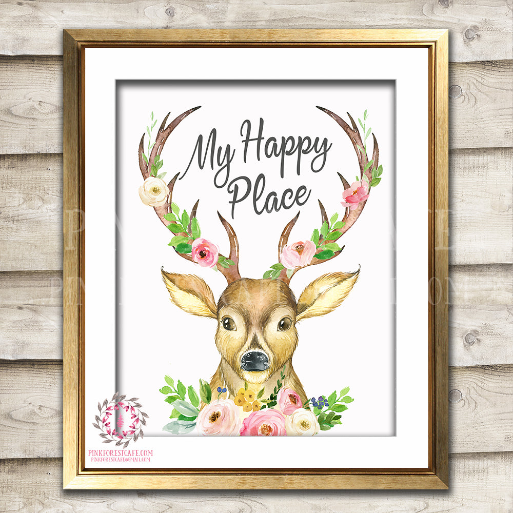 Deer Boho My Happy Place Woodland Printable Wall Art Print Baby Girl Nursery Room Home Decor