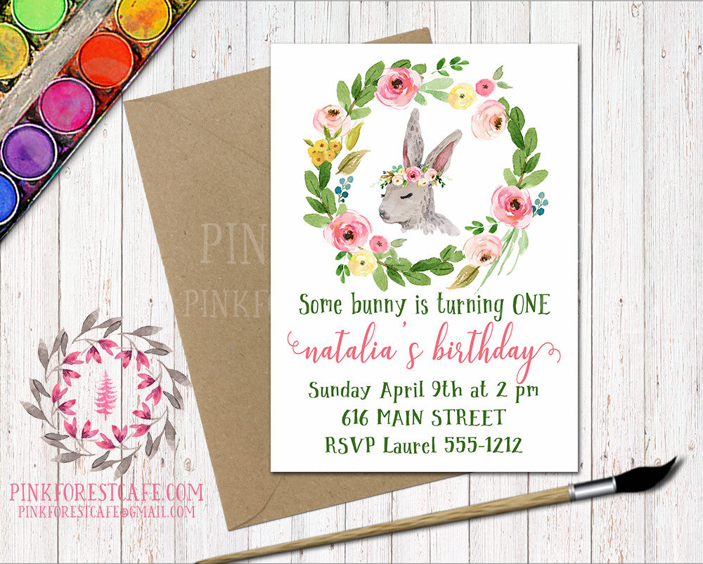 Bunny Rabbit Woodland Baby Girl Birthday Party Invitation Invite Boho Garden Floral Watercolor Printable Print