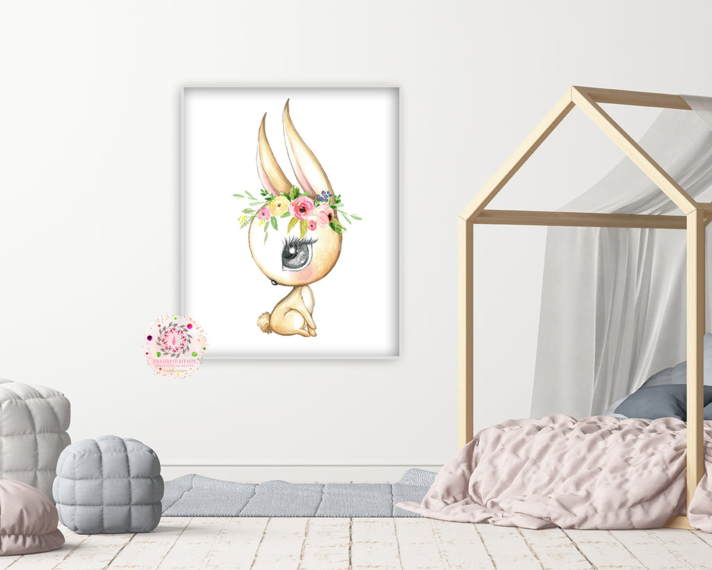 Exclusive Boho Woodland Bunny Rabbit Wall Art Print Watercolor Baby Girl Nursery Printable Decor