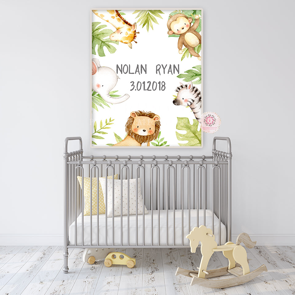 Elephant Giraffe Lion Wall Art Print Zoo Nursery Whimsical Jungle Baby Name Safari Zebra Animal Set Printable Decor