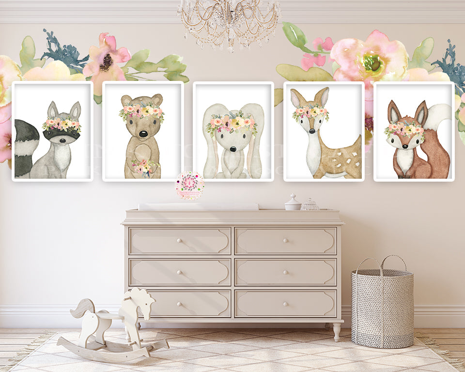 5 Boho Woodland Wall Art Print Blush Deer Bunny Fox Bear Floral Watercolor Animals Baby Girl Nursery Printable Decor