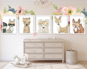 5 Boho Woodland Wall Art Print Blush Deer Bunny Fox Bear Floral Watercolor Animals Baby Girl Nursery Printable Decor