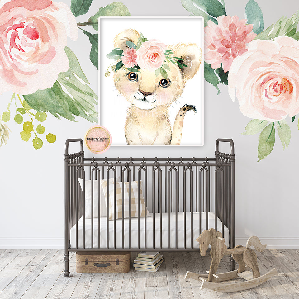 Boho Blush Zoo Lion Peony Wall Art Print Baby Girl Nursery Bohemian Floral Baby Room Decor