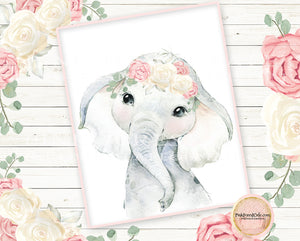 Boho Blush Zoo Elephant Peony Wall Art Print Baby Girl Nursery Bohemian Floral Baby Room Decor