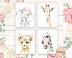 4 Blush Zoo Peony Wall Art Prints Elephant Lion Giraffe Zebra Baby Girl Nursery Bohemian Floral Baby Room Decor