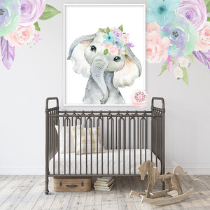 Boho Elephant Wall Art Print Nursery Baby Girl Room Purple Feather Floral Bohemian Watercolor Printable Decor