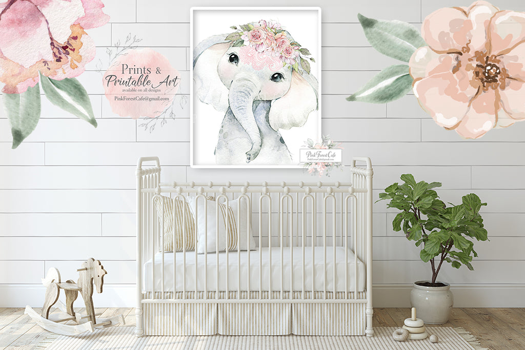Boho Elephant Wall Art Print Peonies Mandala Nursery Baby Girl Room Blush Floral Peony Bohemian Watercolor Printable Decor