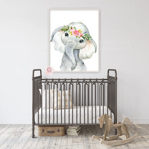Boho Elephant Wall Art Print Nursery Baby Girl Room Floral Bohemian Watercolor Printable Decor