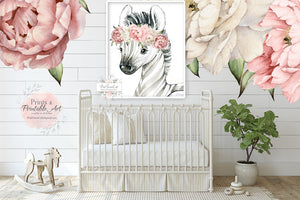 Boho Blush Zebra Wall Art Print Nursery Zoo Baby Girl Room Pink Peony Floral Bohemian Safari Watercolor Printable Decor