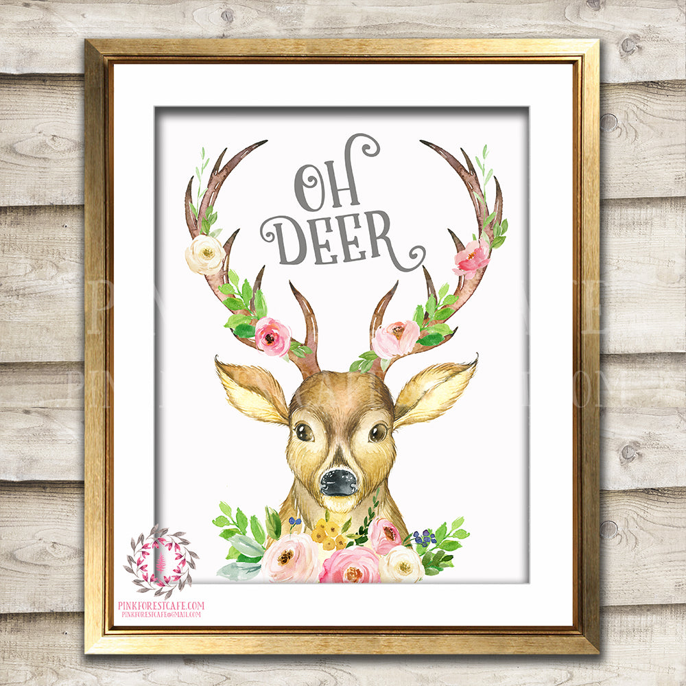Oh Deer Boho Antlers Woodland Printable Wall Art Print Baby Girl Nursery Room Decor