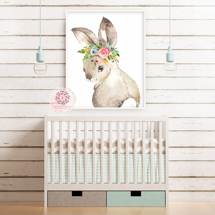 Boho Bunny Rabbit Wall Art Print Woodland Nursery Baby Girl Room Floral Bohemian Watercolor Printable Decor