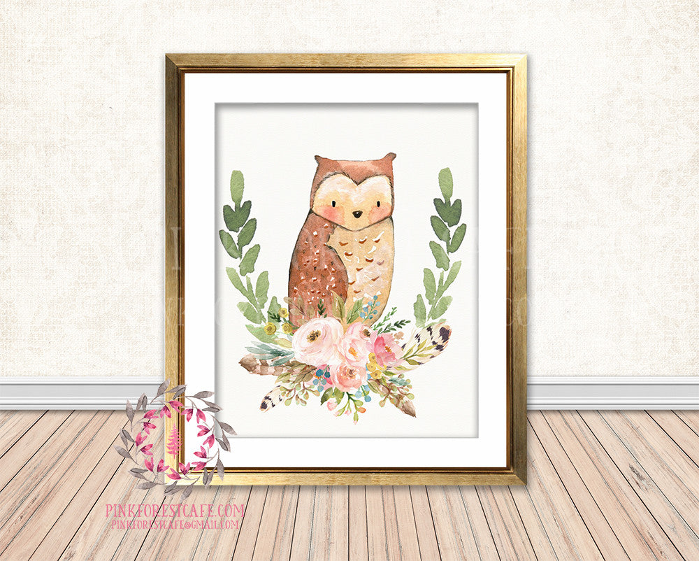Boho Owl Bohemian Blush Floral Feather Woodland Nursery Baby Girl Room Printable Print Wall Art Decor