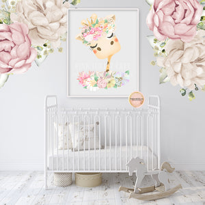 Boho Giraffe Nursery Wall Art Print Floral Baby Girl Kids Bedroom Room Printable Decor