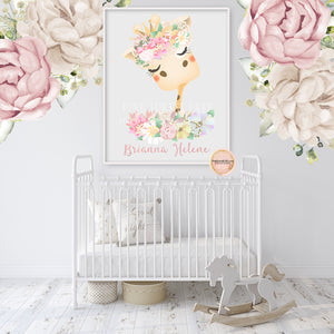 Boho Giraffe Nursery Wall Art Print Personalized Floral Baby Name Girl Kids Bedroom Room Printable Decor