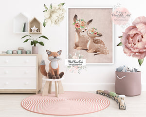 2 Boho Deer Fox Baby Girl Nursery Wall Art Print Ethereal Whimsical Bohemian Floral Woodland Animal Printable Decor