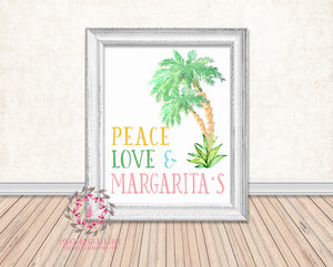 Peace Love Margaritas Watercolor Palm Tree Bar Printable Print Wall Art Poster Home Decor